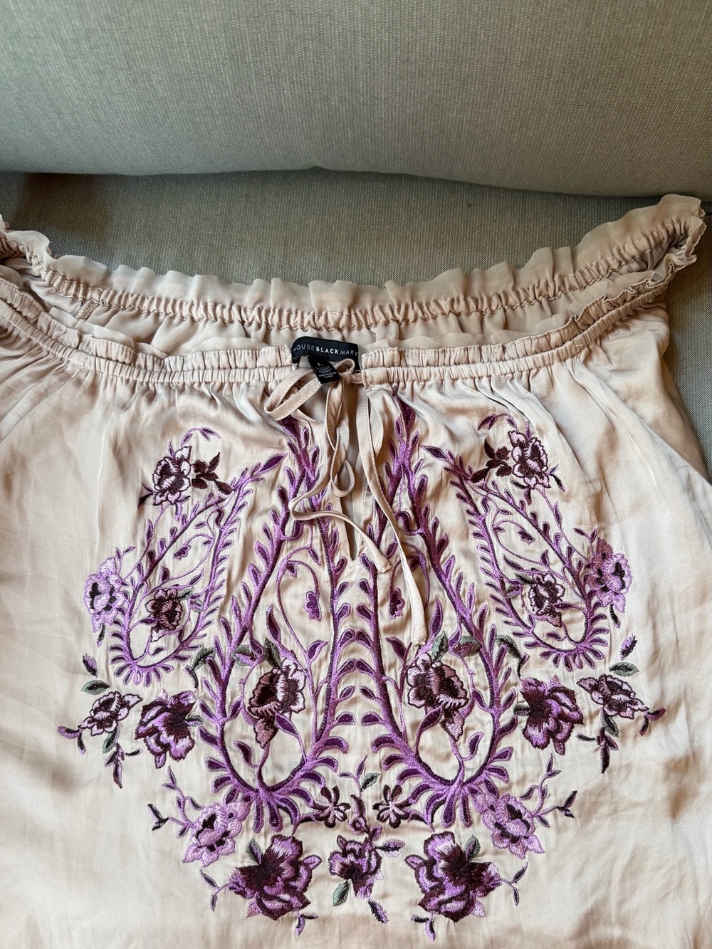 White House Black Market Beige Peasant Blouse with Purple Floral Embroidery - Picture 4 of 7